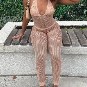 PrettyLittleThing Nude Ribbed Jumpsuit